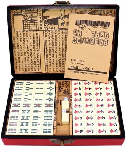 Juego de juguetes de mahjong chino, juego de mesa clásico de 144 azulejos con una caja de madera de tamaño portátil y peso ligero