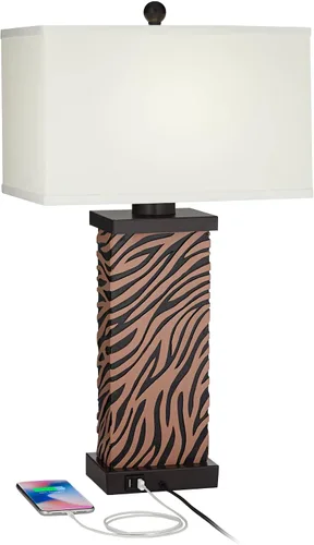Miniatura 3 de 360 Lighting Juego de 2 lámparas de mesa modernas con puerto de carga USB de 27 pulgadas de alto, madera sintética de cebra, pantalla rectangular