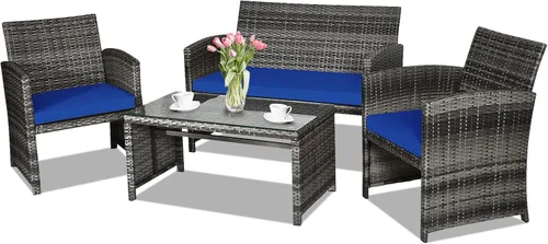 Goplus Juego de muebles de ratán de 4 piezas, sofá de conversación de mimbre para exteriores con cojines resistentes a la intemperie y mesa de Azul