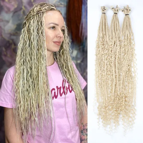 Miniatura 37 de Extensiones de rastas trenzadas bohemias de 24 pulgadas, 10 hebras de rastas sintéticas rizadas color marrón degradado con trenza de caja, rastas
