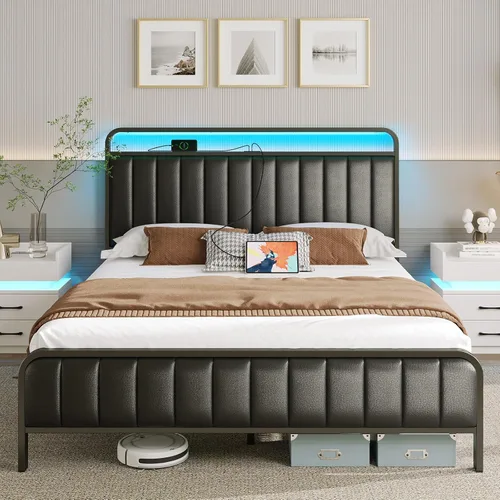 Miniatura 9 de Rolanstar Estructura de cama tamaño completo con luz LED y estación de carga, cabecera y pie de cama tapizados, listones de metal, sin ruido, fácil