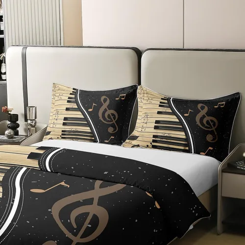 Miniatura 4 de Juego de ropa de cama tamaño King 100% algodón con notas musicales de piano y clave musical, juego de ropa de cama para niños y niñas, diseño retro