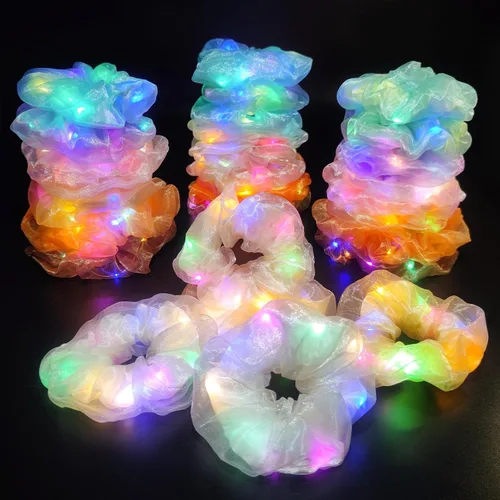 Miniatura 10 de Scrunchies LED, 18 piezas multicolor que brillan en la oscuridad suministros de fiesta, recuerdo de fiesta de neón, accesorios de festival rave
