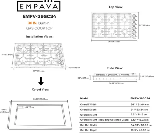 Miniatura 7 de Empava - Anafe de gas de 36 pulgadas, 6 quemadores SABAF de clase mundial fabricados en Italia, parte superior de estufa de acero inoxidable