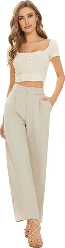 Miniatura 4 de FUNYYZO Pantalones de lino de cintura alta de pierna ancha para mujer, pantalones casuales de trabajo con cintura elástica