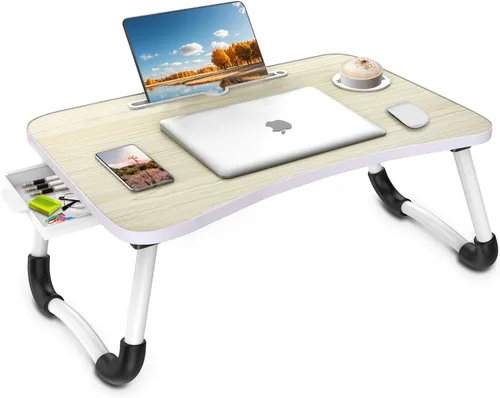 Miniatura 9 de Fayquaze - Escritorio portátil plegable para cama con cajón de almacenamiento y portavasos - Escritorio de regazo para portátil, soporte y bandeja