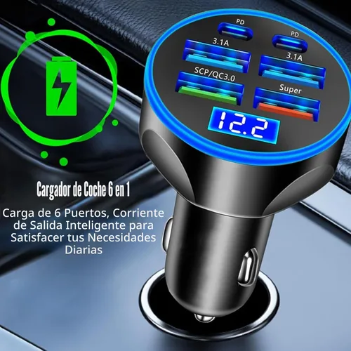 Miniatura 7 de Adaptador De Carga Súper Rápida USB C Para Coche Y Teléfono 6 En 1 Con Pantalla De Voltaje 250W Carga USB De Encendedor De Cigarrillos De Múltiples