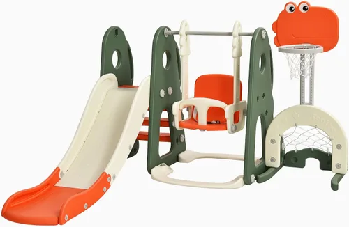 Costzon - Juego de tobogán y columpio 6 en 1 para niños pequeños, juego de escalador grande con aro de baloncesto, portería de fútbol y hoyo de