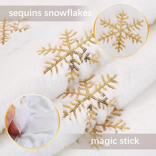 Miniatura 3 de Falda de árbol pequeña de 24 pulgadas, falda de árbol de piel sintética blanca de Navidad de 4 pies, mini copos de nieve de lentejuelas doradas