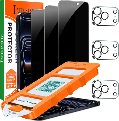 IMBZBK [Eliminación automática de polvo] Paquete de 3 protectores de pantalla de privacidad para iPhone 17 Pro Max [6.9 pulgadas] Accesorios 17 Pro
