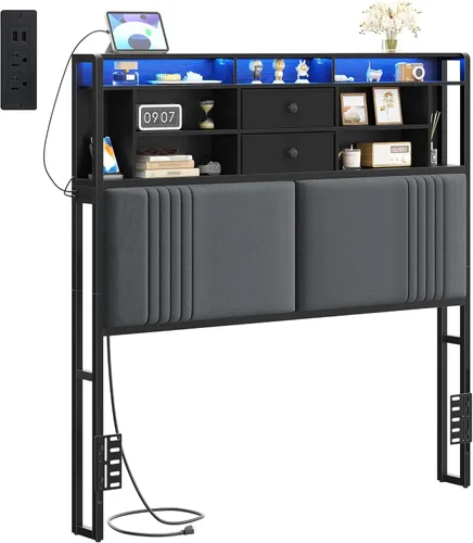 Miniatura 8 de Hzuaneri - Cabecera con 3 estantes de almacenamiento, cabecera tapizada en terciopelo con toma de corriente, 2 puertos USB y luz LED, cabeceras