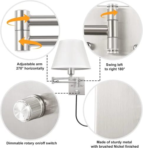 Miniatura 4 de TRLIFE Aplique de pared enchufable, juego de 2 lámparas de pared regulables con brazo oscilante de níquel cepillado, cable de enchufe y interruptor