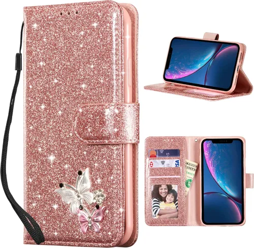 Miniatura 16 de UEEBAI Funda tipo cartera para iPhone 11, funda de piel sintética con purpurina para teléfono, ranuras para tarjetas, funda con función atril