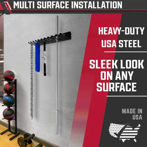 Miniatura 5 de IRON AMERICAN USA Omega Beast - Estante de almacenamiento de gimnasio con 11 ganchos, organizador de pared de gimnasio resistente, almacenamiento