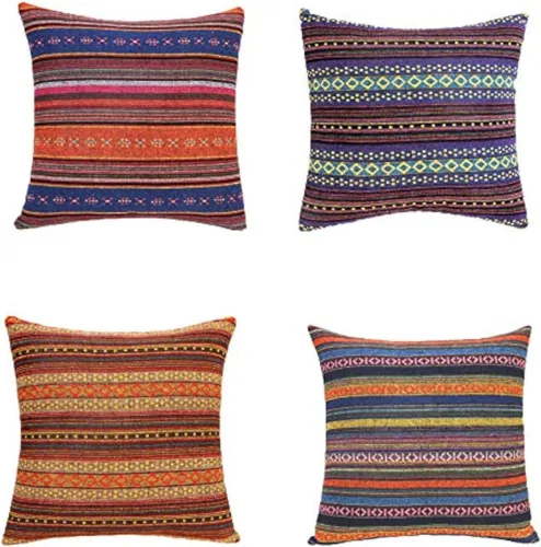 Juego de 4 fundas de almohada bohemias retro a rayas, decorativas, cuadradas, coloridas étnicas hippie, para el hogar, cama, sofá, multicolor, 18 x