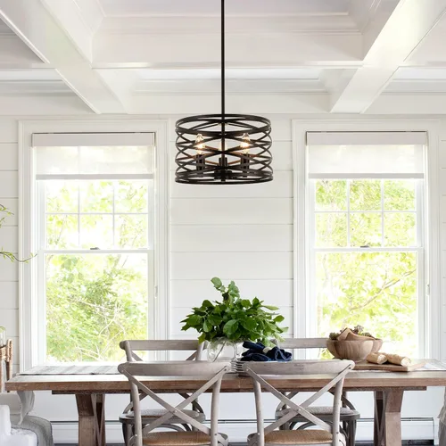 Miniatura 2 de Candelabros de granja para comedor, iluminación colgante de 3 luces para isla de cocina, tambor negro, lámpara rústica para colgar en el techo