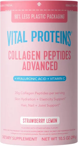 Vital Proteins Péptidos de colágeno avanzados, péptidos hidrolizados con ácido hialurónico y vitamina C - Polvo de sabor a limón y fresa, 10.5 onzas
