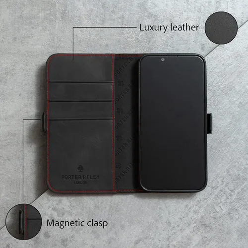 Miniatura 3 de Porter Riley - Funda de cuero para iPhone 13 (6.1 pulgadas). Funda de piel auténtica de primera calidad con ranuras para tarjetas, soporte Negro/Rojo