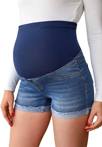 Verdusa Pantalones cortos de mezclilla de maternidad para mujer, cintura alta, rasgados, dobladillo sin procesar, pantalones cortos de embarazo