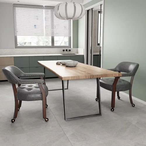 Miniatura 60 de Juego de 8 sillas de cuero de comedor con ruedas y brazos, silla de capitán Accent con ruedas, sillas de madera con ruedas enrollables para cocina