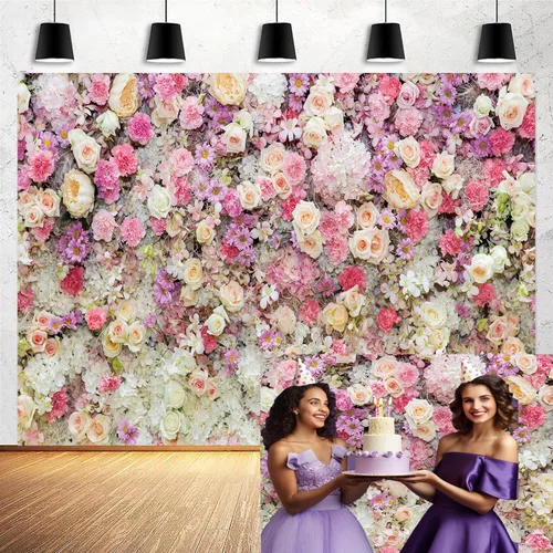 Miniatura 17 de Telón de fondo de flores de primavera de 5 x 3 pies para sesión de fotos de flores rosas y flores, decoración de fiesta de té, telón de fondo