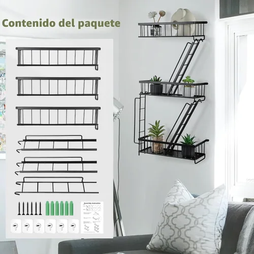 Miniatura 7 de SweetSage Estante de Pared para Salida de Emergencia - Estante Decorativo de Escalera de Nueva York, Estante Flotante de Arte de Pared en Metal Negro