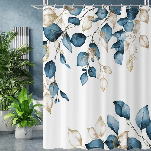 Miniatura 15 de Cortina de ducha de hojas de eucalipto en blanco y negro, hojas de acuarela negras y doradas, cortina de baño con plantas botánicas, tela