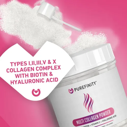 Miniatura 8 de PUREFINITY Péptidos de colágeno para mujeres, tipo I, II, III, V y X con biotina y ácido hialurónico, apoya la piel, huesos, cabello y uñas