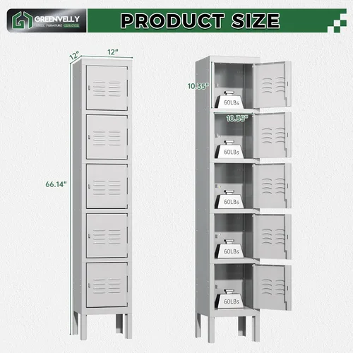 Miniatura 3 de Greenvelly Taquillas de metal de 5 niveles para empleados, armarios de acero para gimnasio, armario de almacenamiento de metal con rejillas, armario