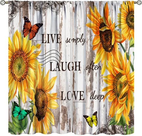 Miniatura 21 de Sunflower Curtains for Living Room Bedroom, Spring Nature Blue Sky and Butterfly Window Drapes, Rustic Wooden Fence Floral Botanical Decor, 2 Panels
