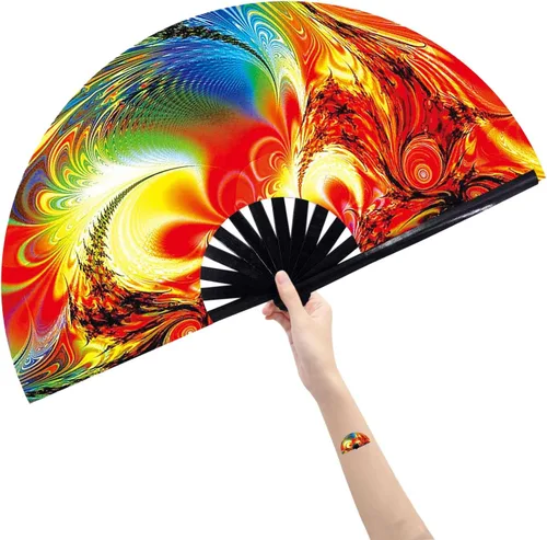 Miniatura 26 de Abanico grande plegable de mano para baile de línea, abanico de clic para botas en el suelo, para baile, fiesta, decoración, festival (Alien)