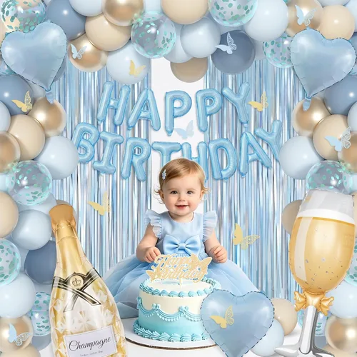 Miniatura 7 de Amandir Blue Birthday Decorations for Women, Light Dusty Blue White Sand Metallic Gold Confetti Foil Balloons Happy Birthday Banner Butterfly Fringe