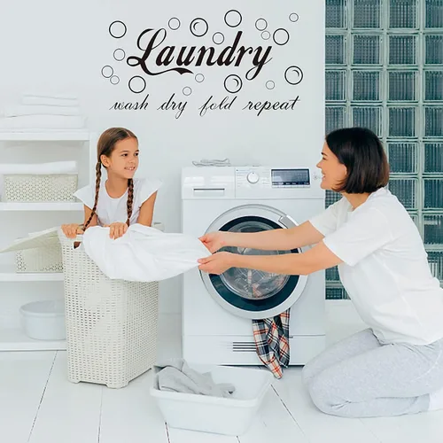 Miniatura 4 de 23 calcomanías de vinilo de pared características para cuarto de servicio, con texto en inglés "Wash Dry Fold Repeat Repeat", calcomanías