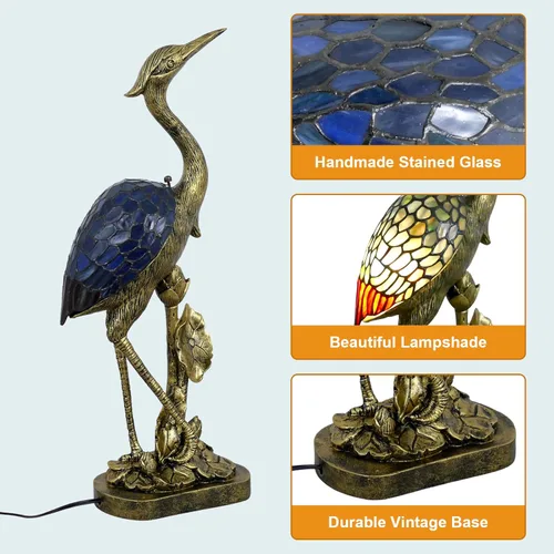 Miniatura 5 de Tiffany - Lámpara de mesa estilo pájaro con vitrales azules de 23.6 pulgadas de alto, lámpara de mesa Tiffany vintage para dormitorio, sala
