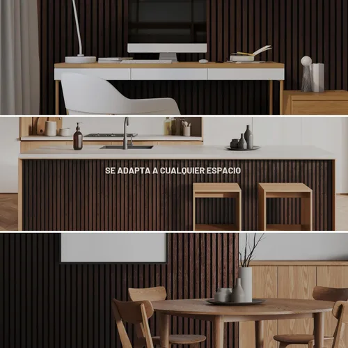 Miniatura 7 de Paquete de 2 paneles de listones de madera acústica - Paneles de pared insonorizados para decoración de interiores Nogal oscuro