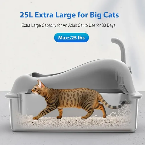 Miniatura 2 de Furkid Caja de arena para gatos de acero inoxidable con tapa, caja de arena extra grande XL para gatos grandes, bandeja de metal de alta cara