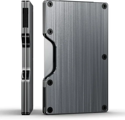 KEYMARX Billetera de metal minimalista para hombre, con bloqueo RFID, cartera delgada con correa para efectivo con capacidad para 15 tarjetas más