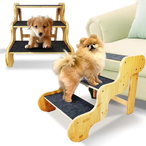 Escaleras para perros pequeños, rampa de madera de bambú de 3 escalones para perros, mascotas/gatos para sofá, cama y automóvil, puede soportar un