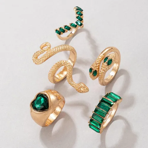 Miniatura 6 de Anillos de serpiente de cristal verde para mujeres y adolescentes, conjuntos de anillos de dedo apilables estilo bohemio, retro, anillos simples a