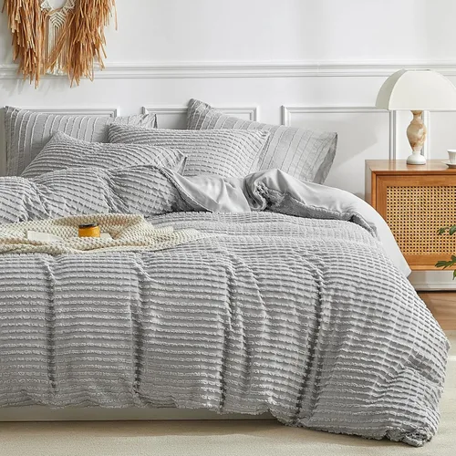 Miniatura 10 de WARMDERN Juego de funda de edredón bohemio tamaño individual, juego de ropa de cama de microfibra a rayas blancas, 2 piezas, ultra suave, Blanco