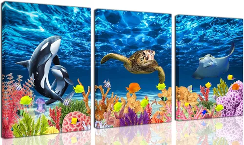 CGXART Decoración de pared para baño, decoración de tortuga marina, arte de pared azul para sala de estar, ballena asesina, mobula, peces coloridos,