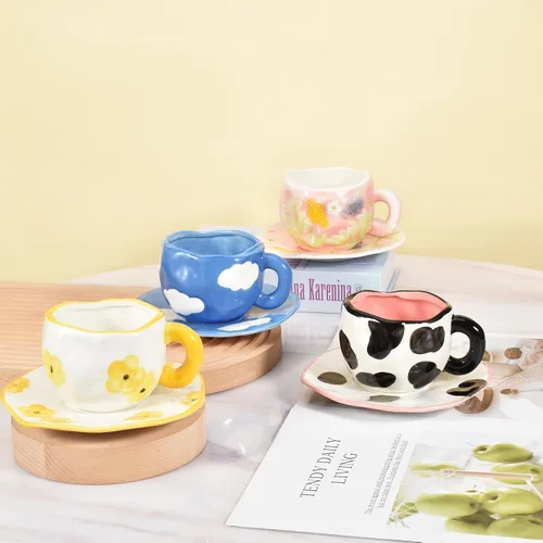 Miniatura 8 de Koythin - Taza de café de cerámica con platillo, taza única y bonita hecha a mano para mujeres para oficina y hogar, apta para lavavajillas y Cielo