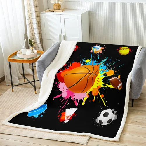 Manfei Manta de baloncesto de fútbol, béisbol, hockey, voleibol, manta para niños y niños, manta deportiva negra para sofá, manta de forro polar