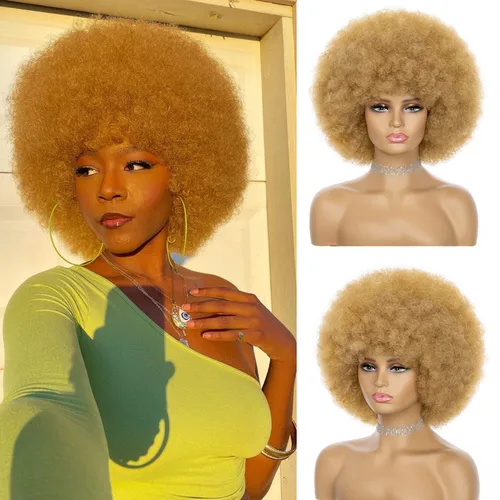 Miniatura 18 de Peluca rizada afro de los años 70 para mujer, marrón oscuro, fibras sintéticas, suave, flexible, sin desprendimiento, correas ajustables Marrón/Negro