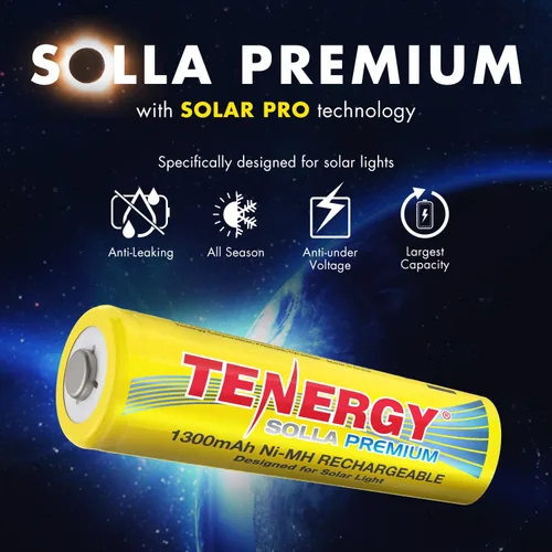 Miniatura 2 de Tenergy Solla - Batería recargable NiMH AA de alta calidad, baterías solares de 1300 mAh para luces solares de jardín, antifugas, durabilidad al