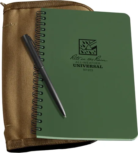 Rite in the Rain Kit de cuaderno espiral lateral resistente a la intemperie: Funda de tela CORDURA® color canela, 4.625" x 7" Cuaderno verde, y