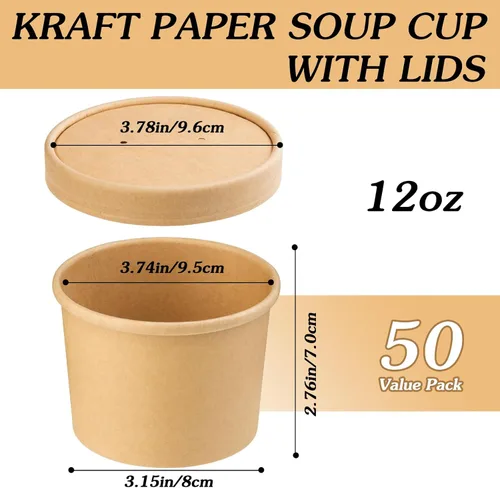 Miniatura 2 de Paquete de 50 recipientes de sopa de 12 onzas con tapas, cuencos de sopa de papel desechables, cuencos para llevar con tapas, cuencos de postre