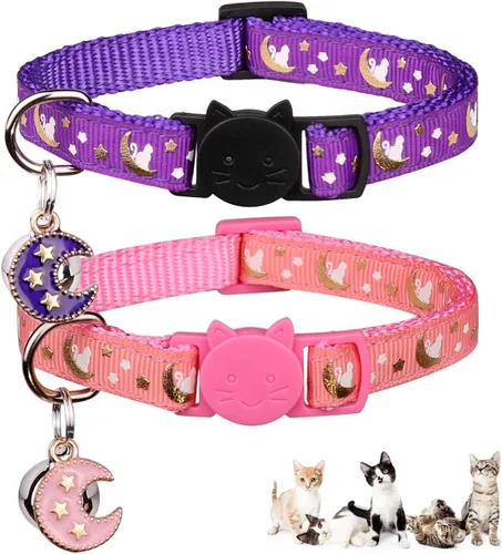 Miniatura 16 de Baeuppit 2 collares de gatos separables para niños y gatos, ajustables, con campana, color negro y azul claro Negro + azul claro