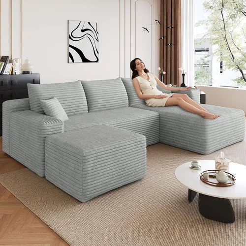 Miniatura 9 de Sofá modular de 95 pulgadas con otomana, moderno sofá nube de pana con asiento profundo, sofá sin hueso tapizado de 3 plazas en forma de U para sala