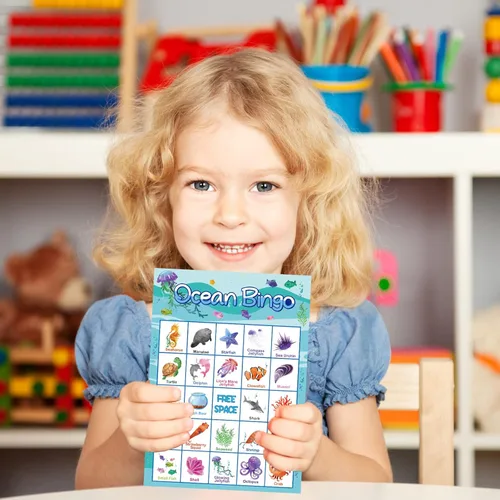 Miniatura 7 de Fancy Land Juego de bingo oceánico para 24 jugadores para niños, suministros de juegos de fiesta bajo el mar